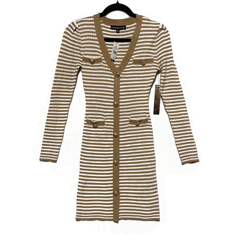 Almost Famous Cardigan Sweater Dress Youth Girls Large Ribbed Brown & White NWT